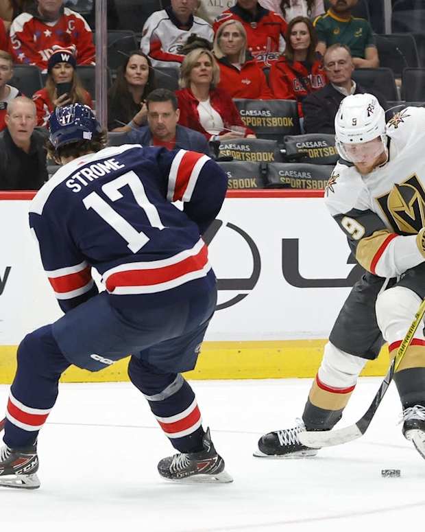 Nov 1, 2022; Washington, District of Columbia, USA; Vegas Golden Knights center Jack Eichel (9) skates with the puck as Washington Capitals center Dylan Strome (17) defends in overtime at Capital One Arena. Mandatory Credit: Geoff Burke-USA TODAY Sports